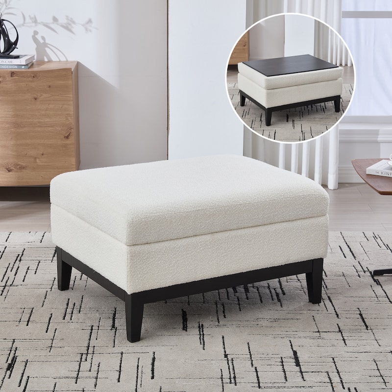 Roomfitters Storage Ottoman, Boucle Coffee Table Footstool with Reversible Lid and Wood Base for Living Room or Bedroom - Ivory+Black
