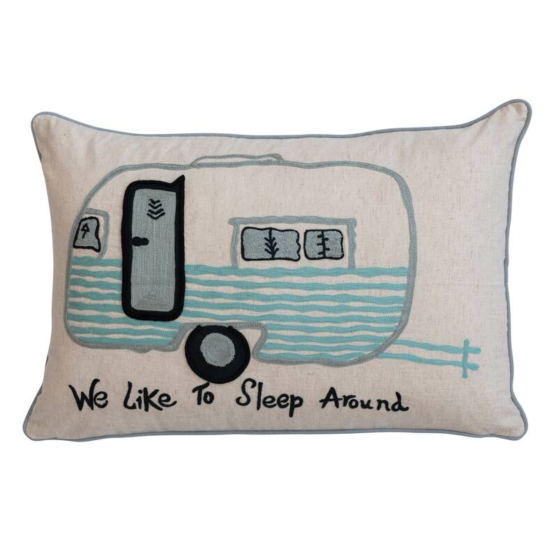 Cotton Lumbar Pillow Cover with Embroidered Camper Design and Message - Cover Only - Single - 24.0"L x 16.0"W x 0.3"H - Pillow Covers - Multi