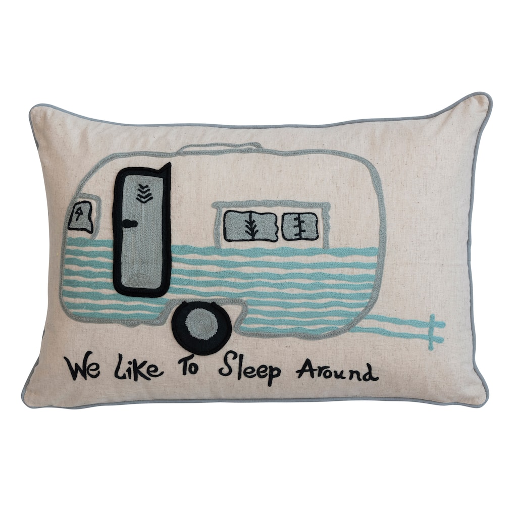 Cotton Lumbar Pillow with Embroidered Camper Design and Message