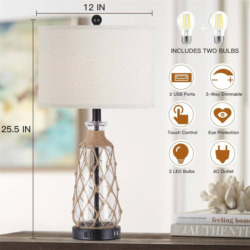 3-way dimmable touch control bedside lamp with 2 USB ports