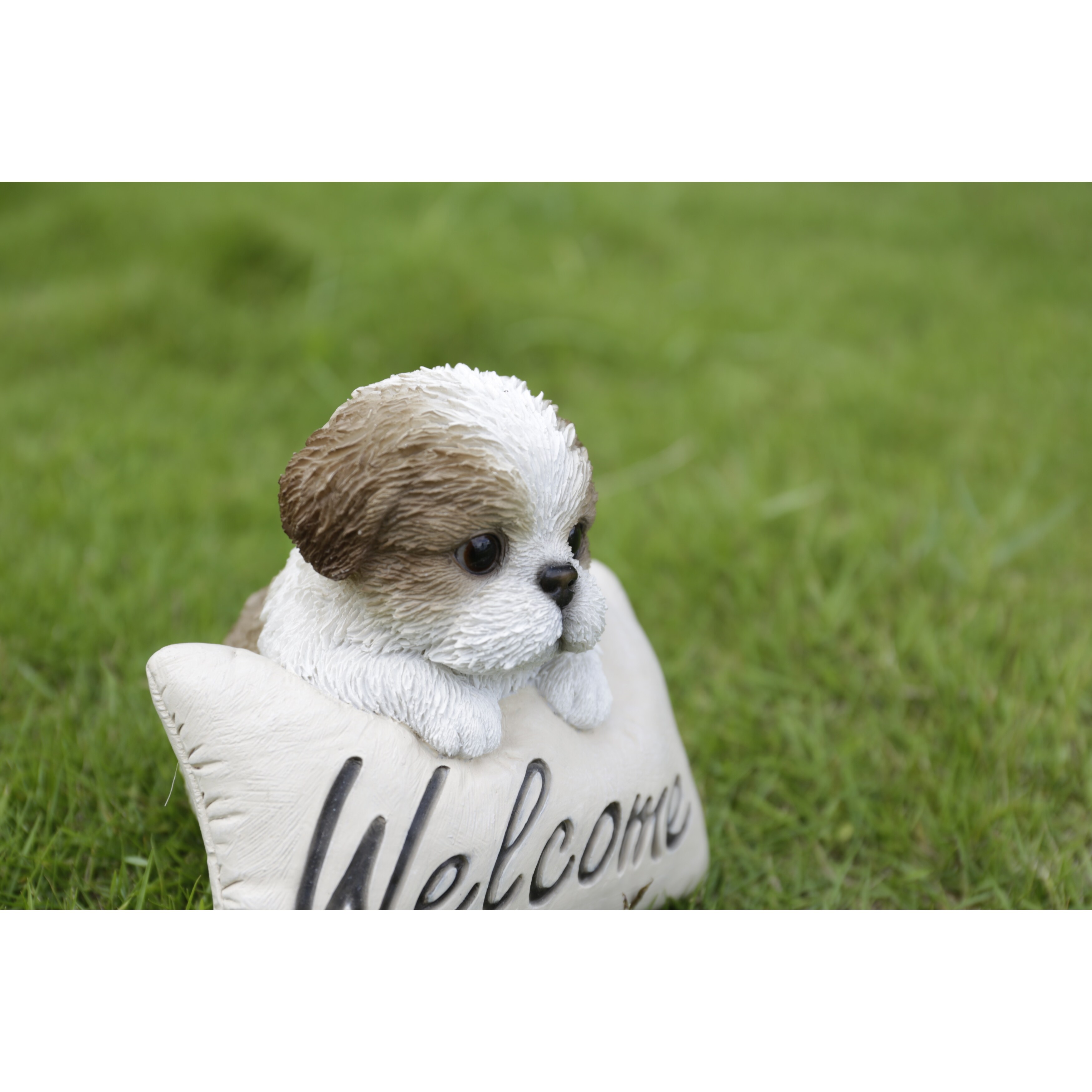 HiLine Gift Ltd Shi Tzu Puppy With Welcome Sign Brown White Statue