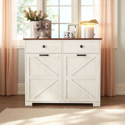 Farmhouse Double Tilt Out Trash Cabinet for Two 10 Gallon Bins, Barn Door Recycling Cabinet with Drawer Storage