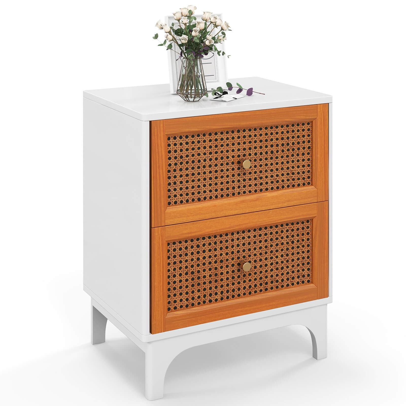 Costway 1/2 PCS Rattan Nightstand with Storage Wood End Sofa Side