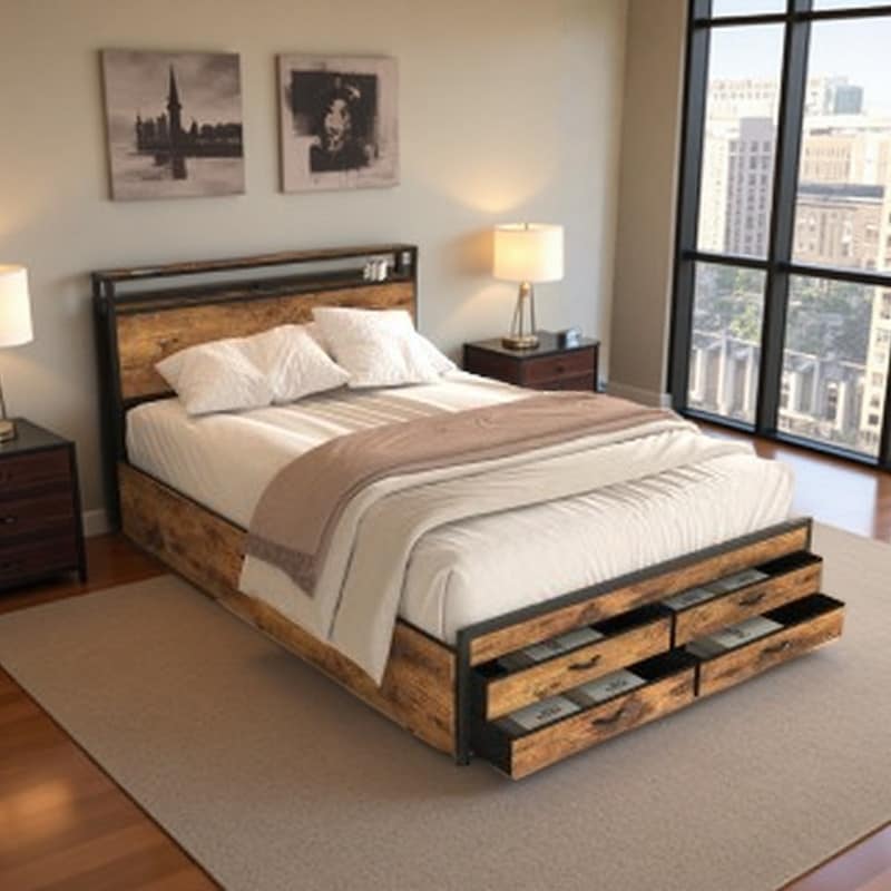 Queen Bed Frame with 8 Storage Drawers, LED Headboard & Charging Station, Metal Platform Design, No Box Spring Needed