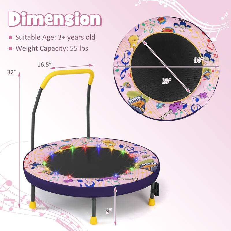 Gymax 36'' Foldable Kid Trampoline w/ 20 LED Lights Foam Handlebar