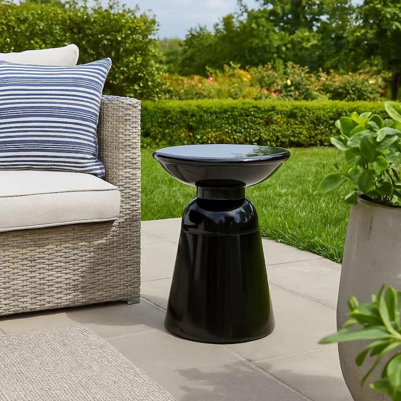Suma Outdoor End Table, Round 15 Inch Top, Pedestal Base, Black Iron