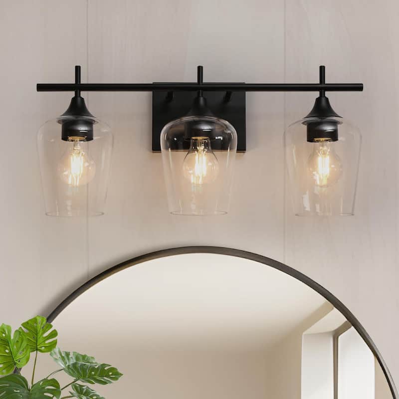 Zarbel Modern Farmhouse Black 3-Light Linear Bathroom Vanity Lights with Clear Unique Wine Glass - L 21"x W 6"x H 9.5"