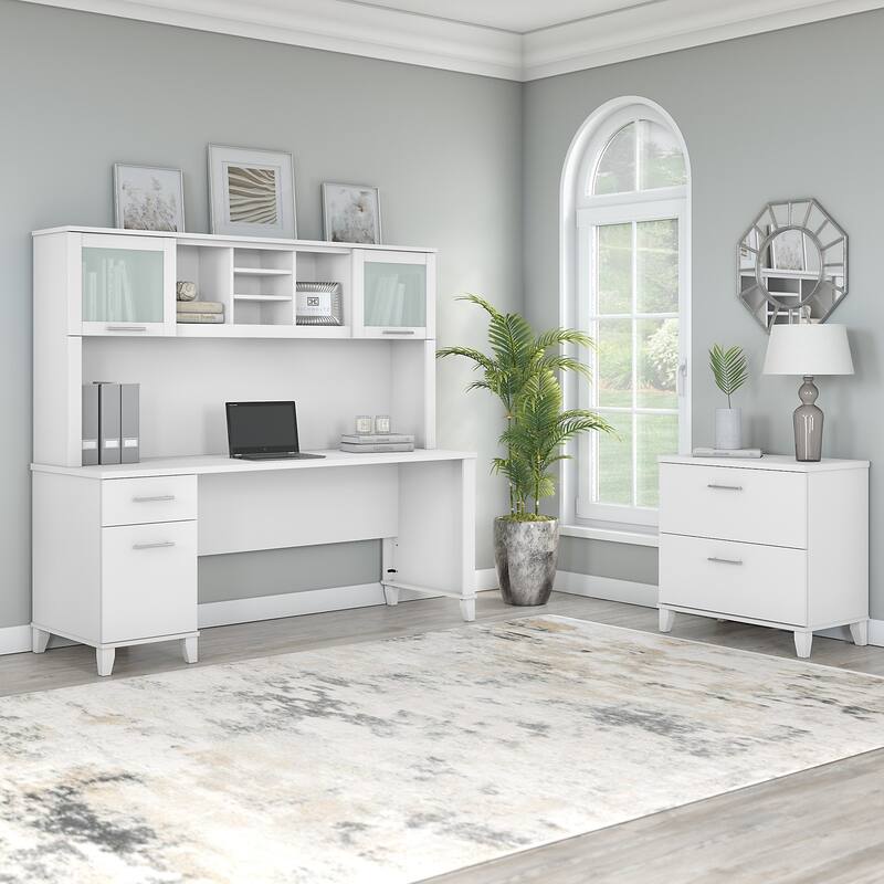 Somerset 72W Office Desk with Hutch and File Cabinet by Bush Furniture - White 