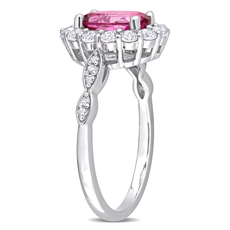 Miadora Oval-cut Pink and White Topaz with Diamond Accent Halo Cocktail Ring in 10k White Gold