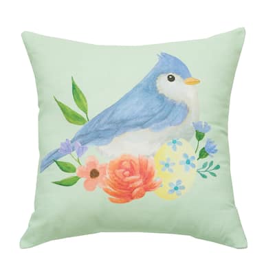 18" x 18" Green Floral Bird Woven Spring Easter Themed Accent Throw Pillow