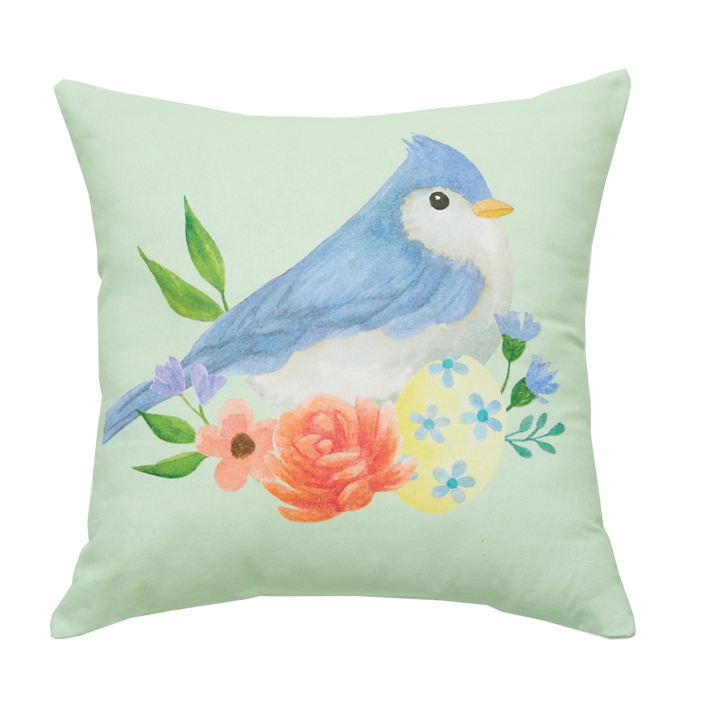 Bluebird & Flowers Cotton HD Printed Green Accent Throw Pillow 18" x 18"