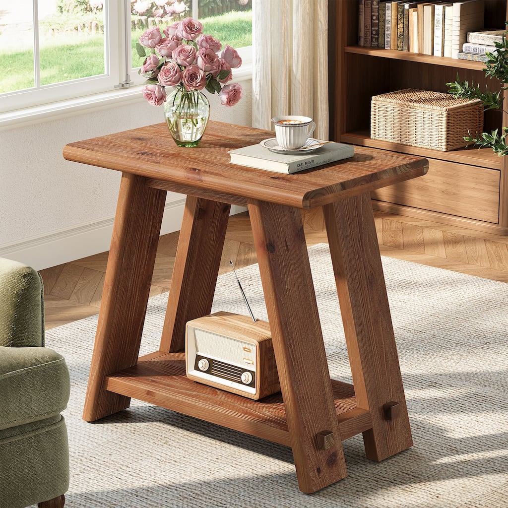 Solid Wood End Table With Storage Shelf For Living Room