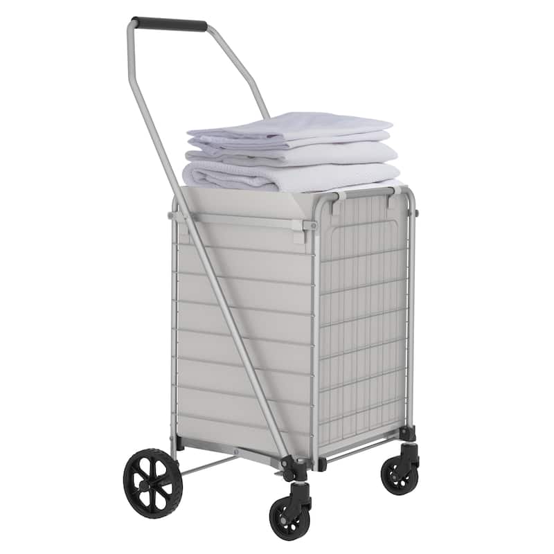 Foldable Grocery Shopping Cart with Shelf & Double Basket and 360 Rolling Swivel Wheels