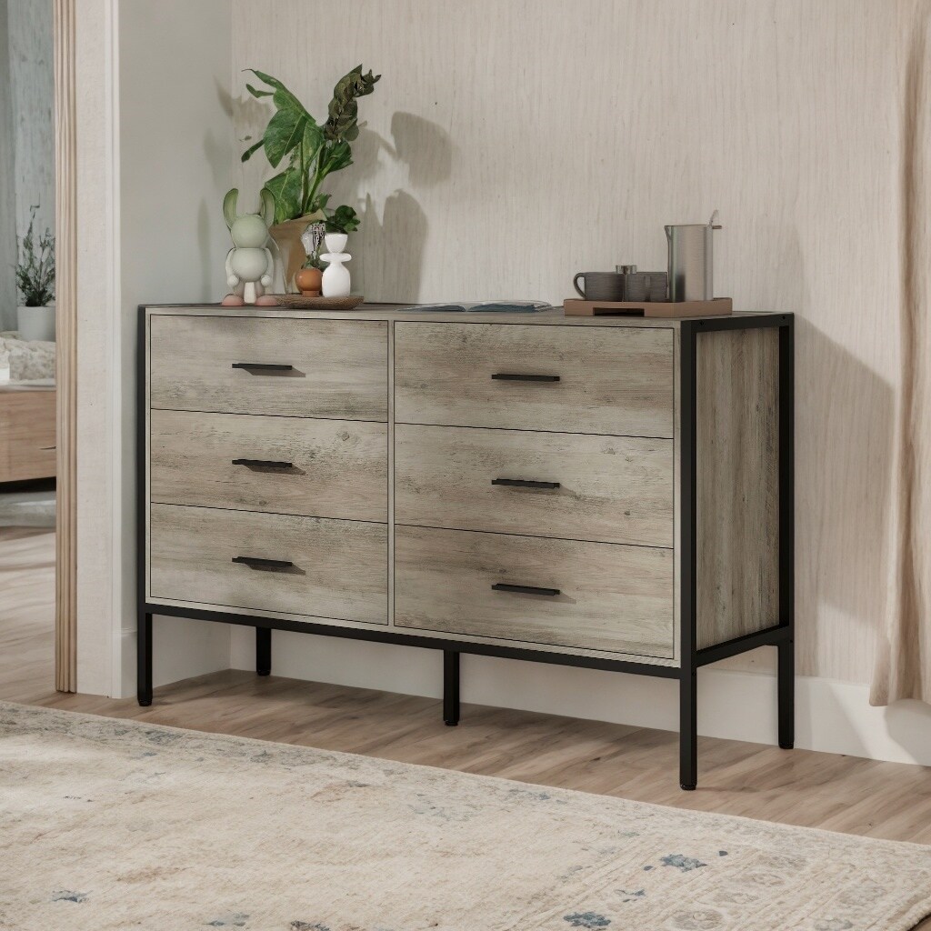 Wooden 6 Drawer Dresser with Steel Frame Storage for Bedroom Closet Rustic Grey