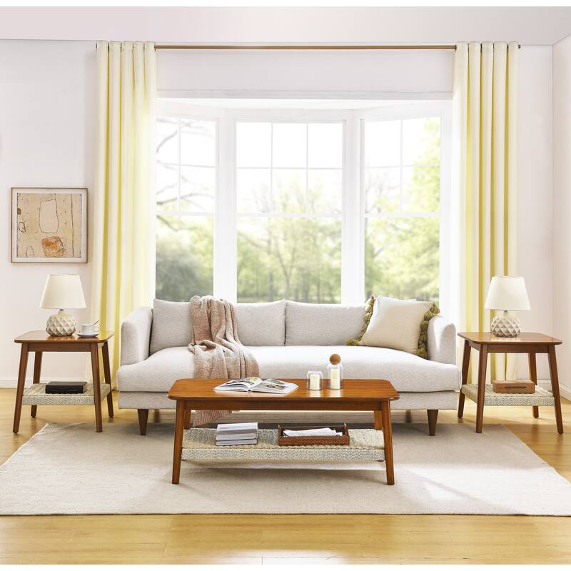 Mid-Century Coffee Table Bohemian Rattan Coffee Table Farmhouse Rectangular Tea Table with Woven Shelves, for Living Room
