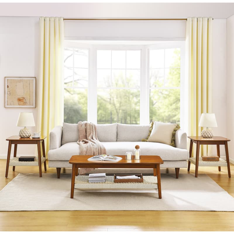 Roomfitters Mid-Century Coffee Table, Boho Rattan Shelf, Rectangular Farmhouse Wood Tea Table, Walnut