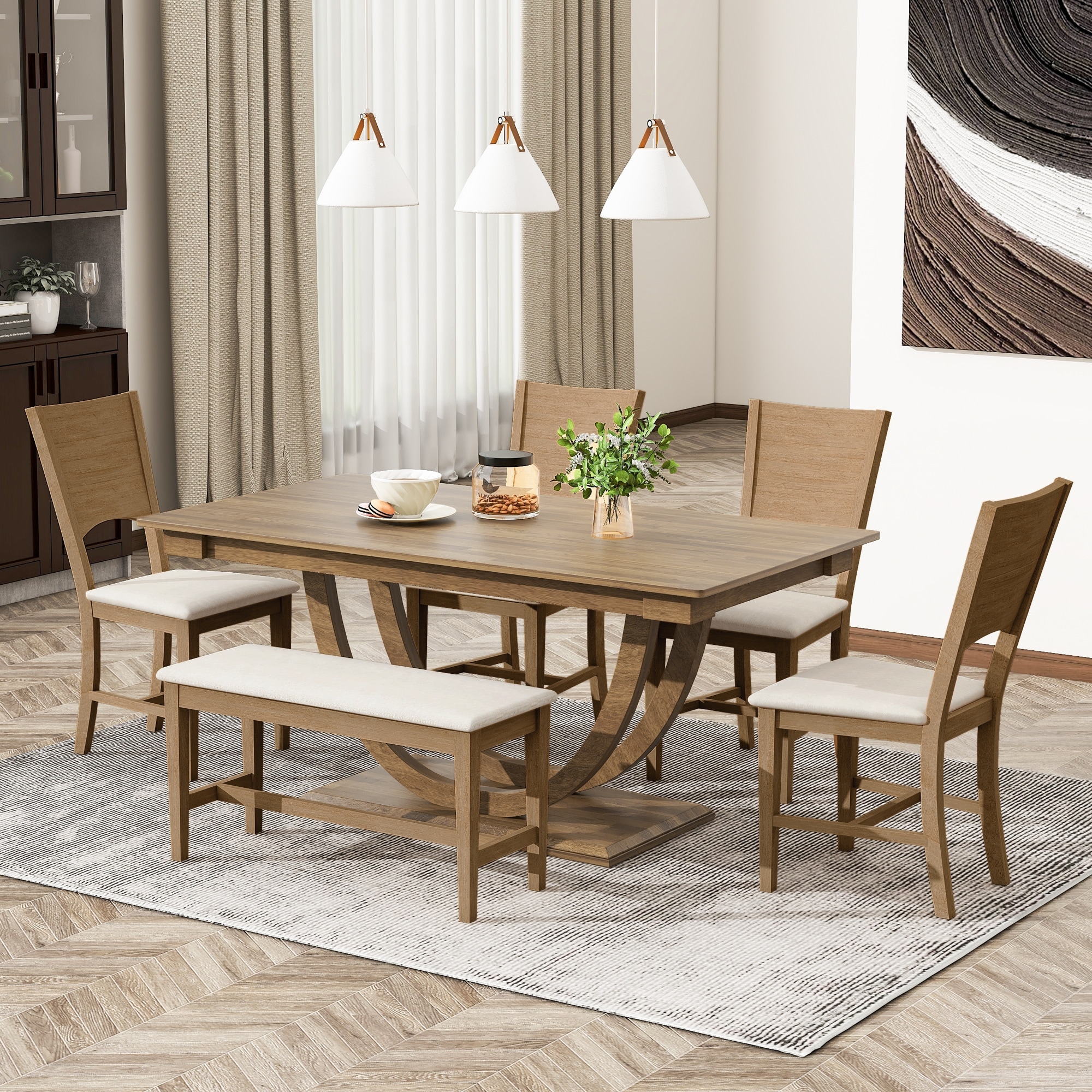 6-Piece Wood Half Round Dining Table Set Kitchen Table Set with Long Bench and 4 Dining Chairs, Modern Style