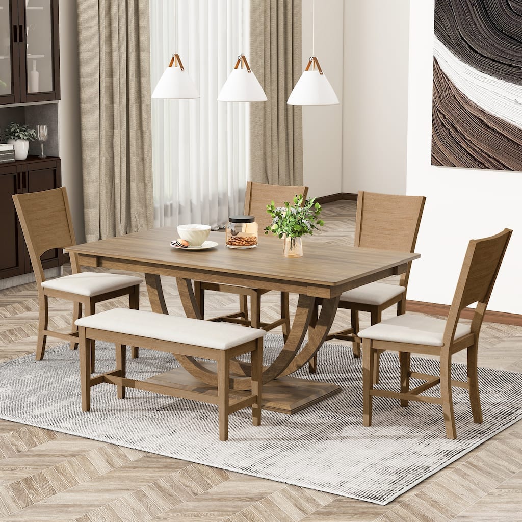 Modern 6-Piece Solid Wood Dining Set with Half Round Legs and Padded Chairs and Bench for Comfort