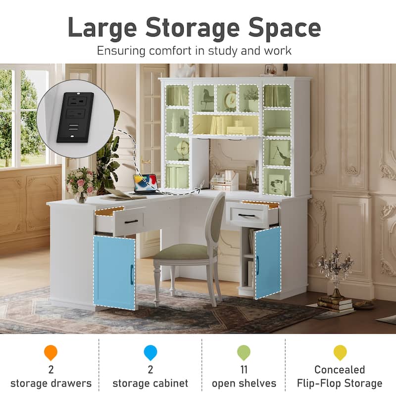 L-Shaped Computer Desk with 2 Cabinets and 2 Drawers,11 Open Shelves,with Electrical Outlet,for Study,Living Room and Office