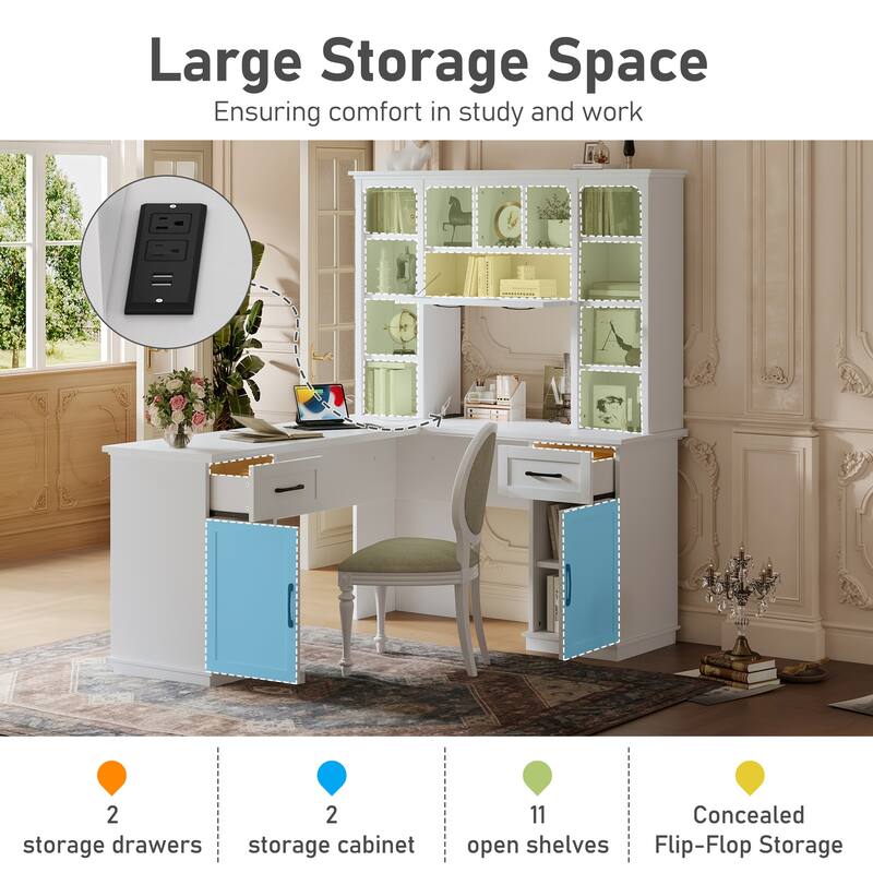 Roomfitters L-Shaped Computer Desk with Hutch, 2 Cabinets, 2 Drawers and 11 Open Shelves, with Power Outlet