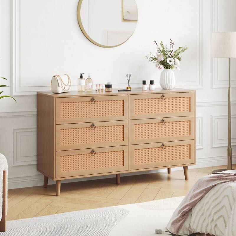 PE Rattan Double Dresser with 6 Drawers, Chest of Drawers Bedroom Storage Organizer