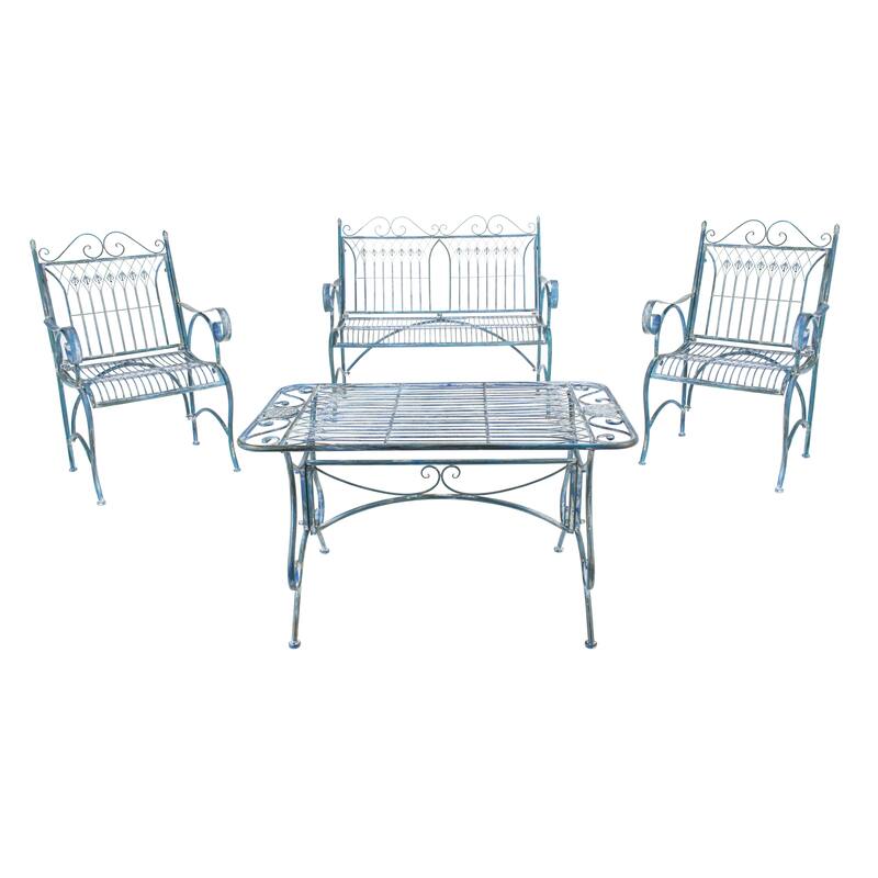 SAFAVIEH Outdoor Jalyn Victorian Scroll Iron 4-Piece Patio Set - Antique Blue