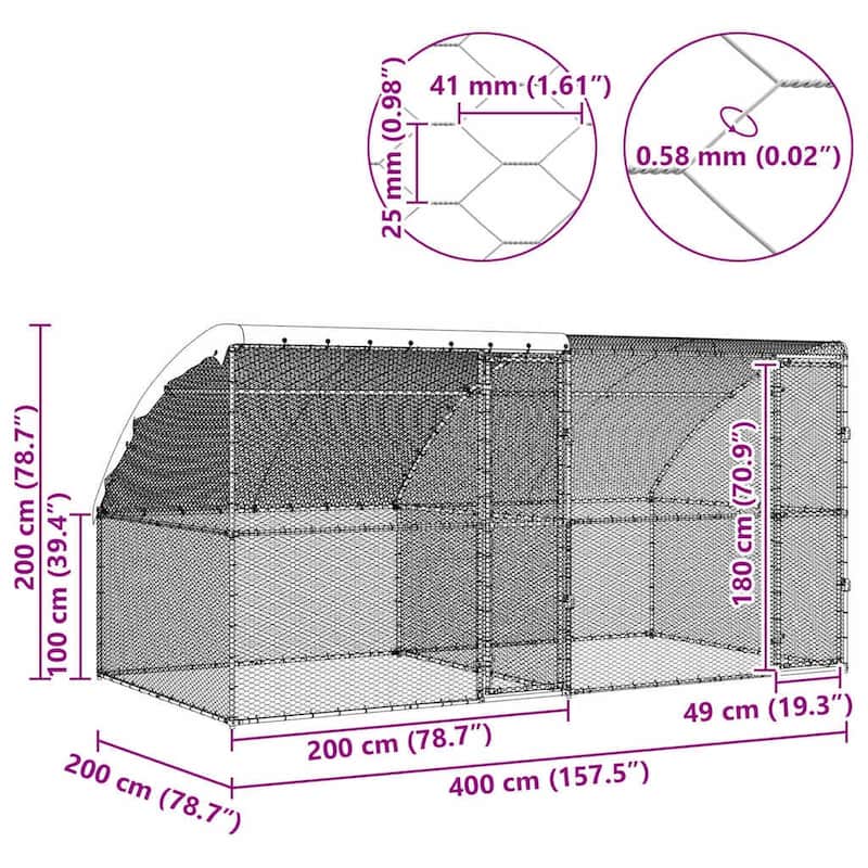 vidaXL Chicken Cage Silver 400/600/800 x 200 x 198.5 cm Galvanized steel