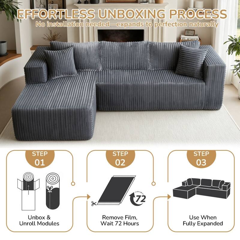 105 in. Wide Square Arm 2-Piece Modern Corduroy Fabric L-Shape Modular Sectional Sofa