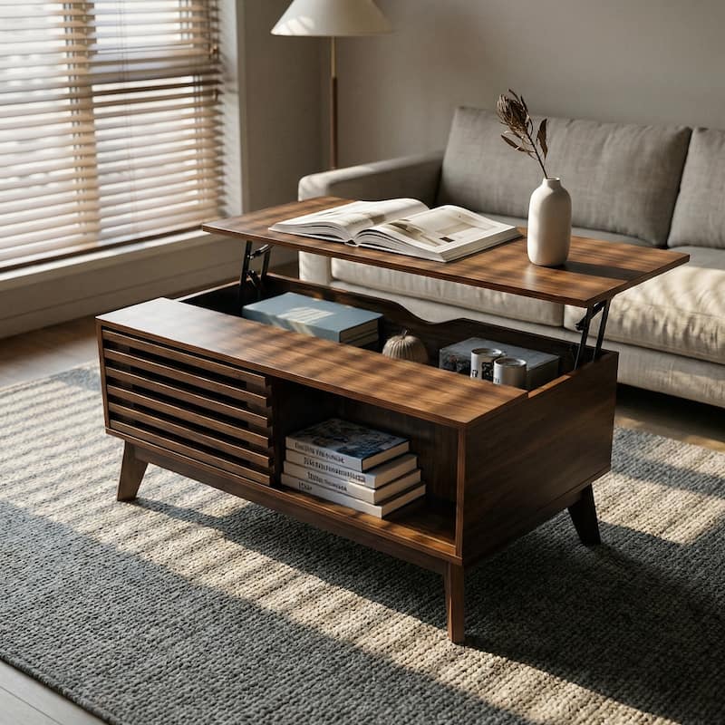 35.4"Lift Top Coffee Table with Storage, Mid Century Modern Coffee Table with Slatted Sliding Door and Hidden Compartment