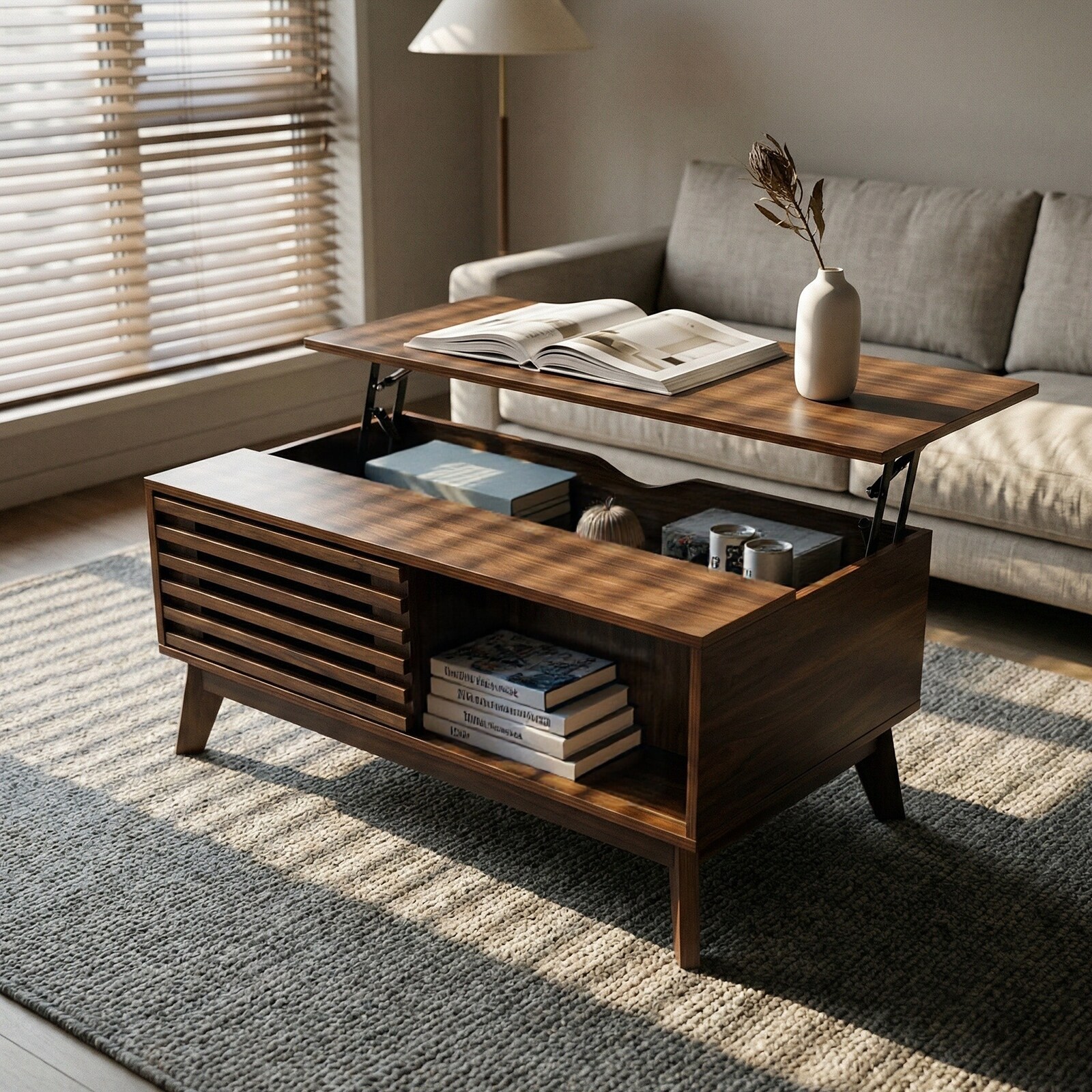 Lift-Top Coffee Table Center Table for Living Room, Walnut Side Table Sofa Table End Table with Storage