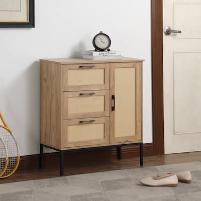 Rattan Bathroom Cabinet, Accent Cabinet with Adjustable Shelves, Storage Cabinet Sideboard with 3 Drawers