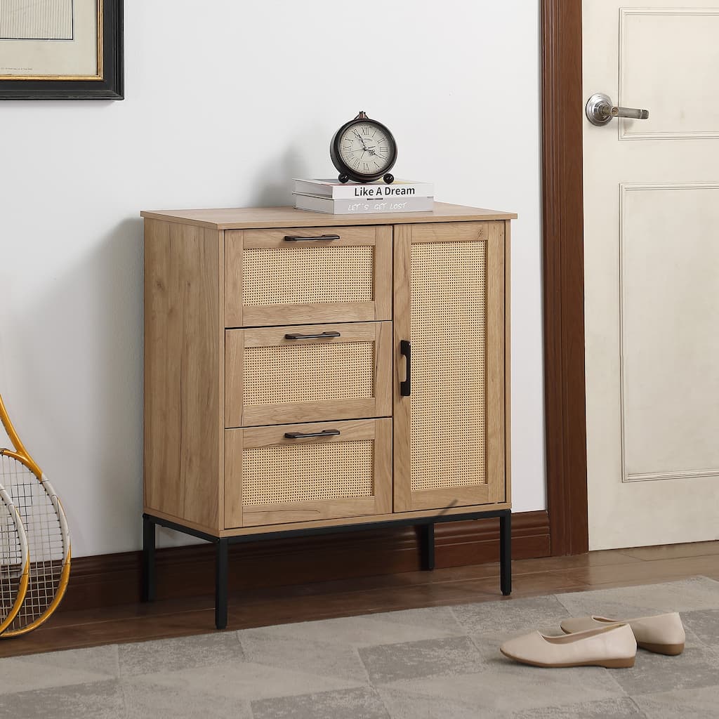 Rattan Bathroom Cabinet, Accent Cabinet with Adjustable Shelves, Storage Cabinet Sideboard with 3 Drawers