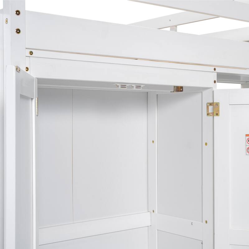 Full Size Loft Bed with Wardrobe, Storage Shelves, and LED Light in White