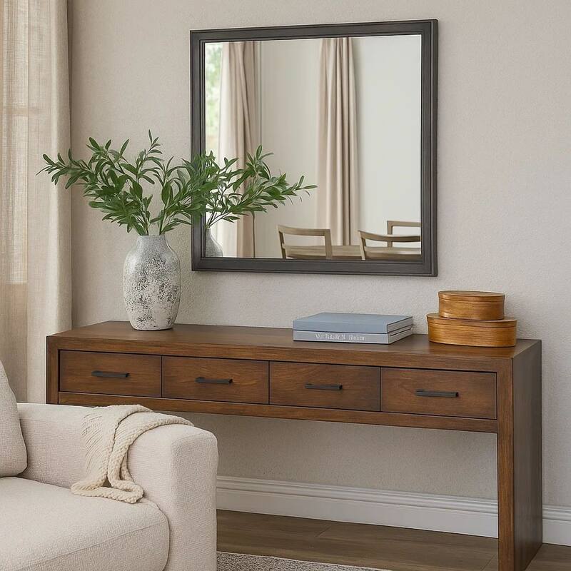38 Transitional Style Square Wooden Frame Mirror, Gray