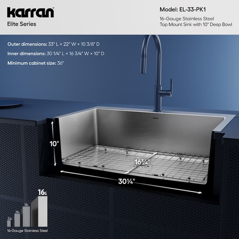 Karran 33" Top Mount Single Bowl Stainless Steel Kitchen Sink Kit