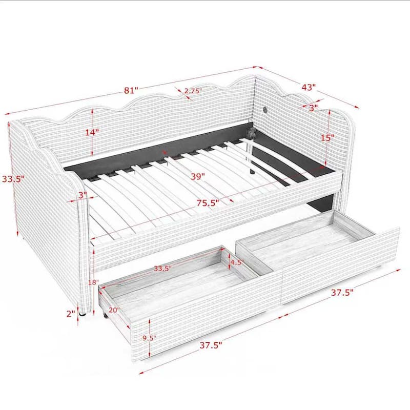 Twin Size Gingham Linen Upholstered Daybed with 2 Storage Drawers, USB Charging Station & Waved Arms