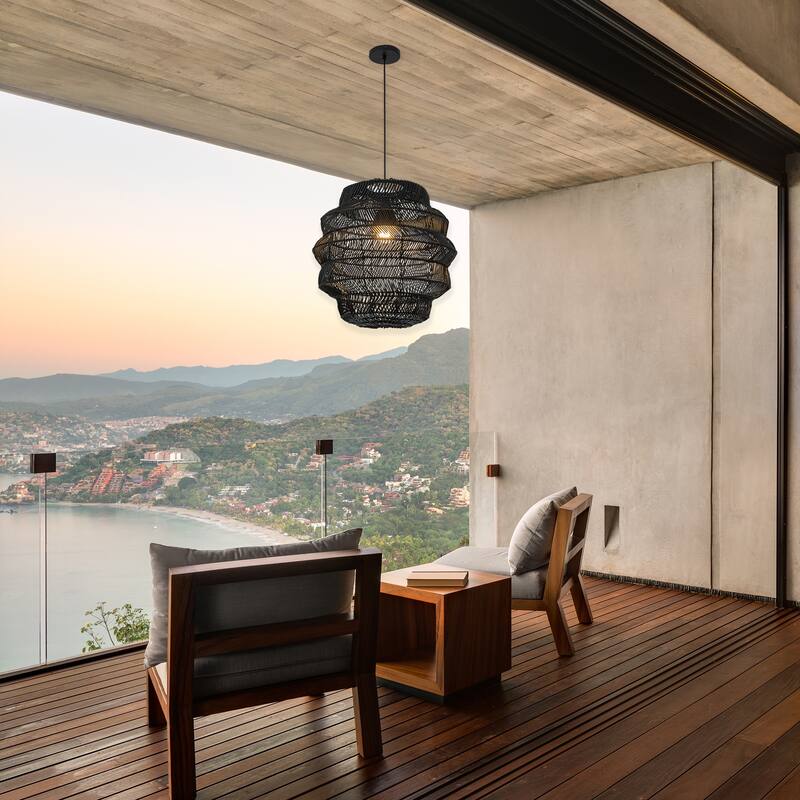 Cana 1-Light Wicker Outdoor Pendant, Coastal Boho Tiered Drum - Handwoven