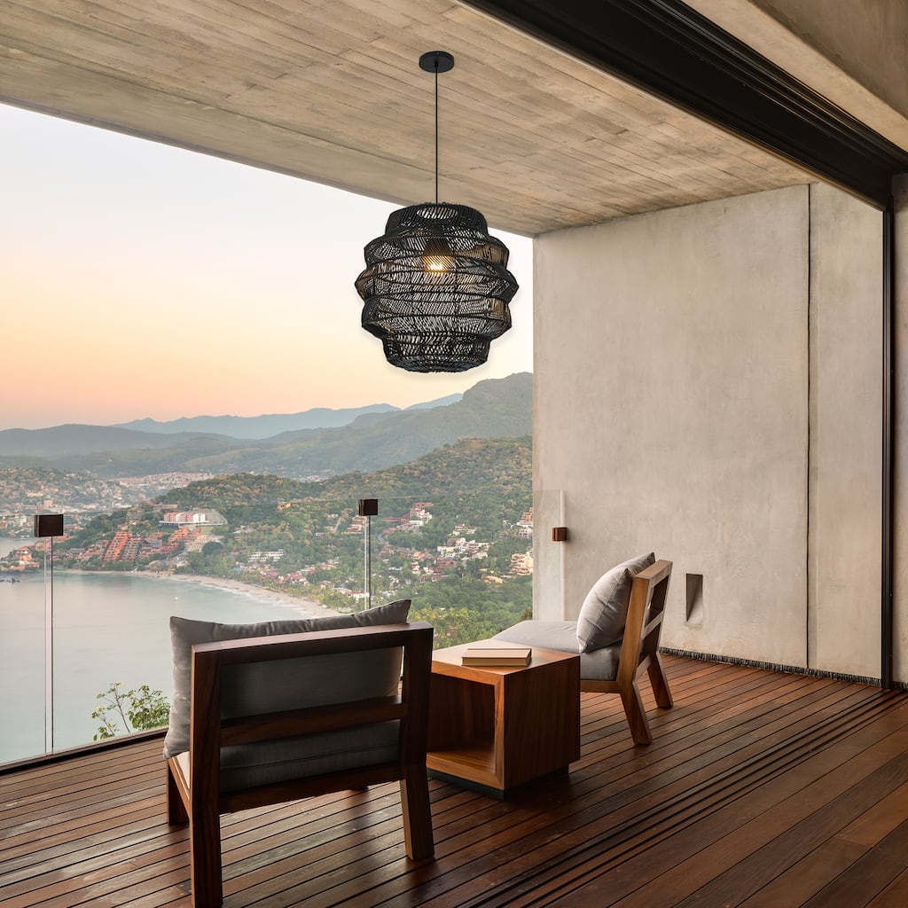 Cana 1-Light Wicker Outdoor Pendant, Coastal Boho Tiered Drum - Handwoven