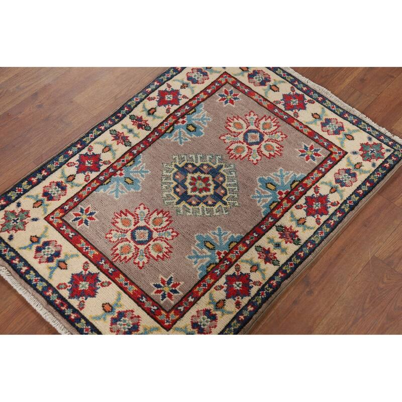 Hand Knotted Oriental 100% Wool Carpet Traditional Geometric Brown Kazak Area Rug - 2' 11'' X 2' 1''