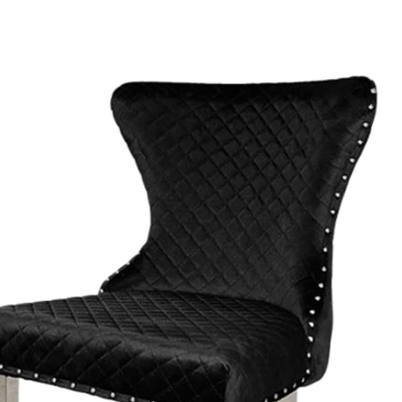 Anova Side Dining Chair Set of 2, Rivet Trim, Silver Stainless Steel, Black Fabric