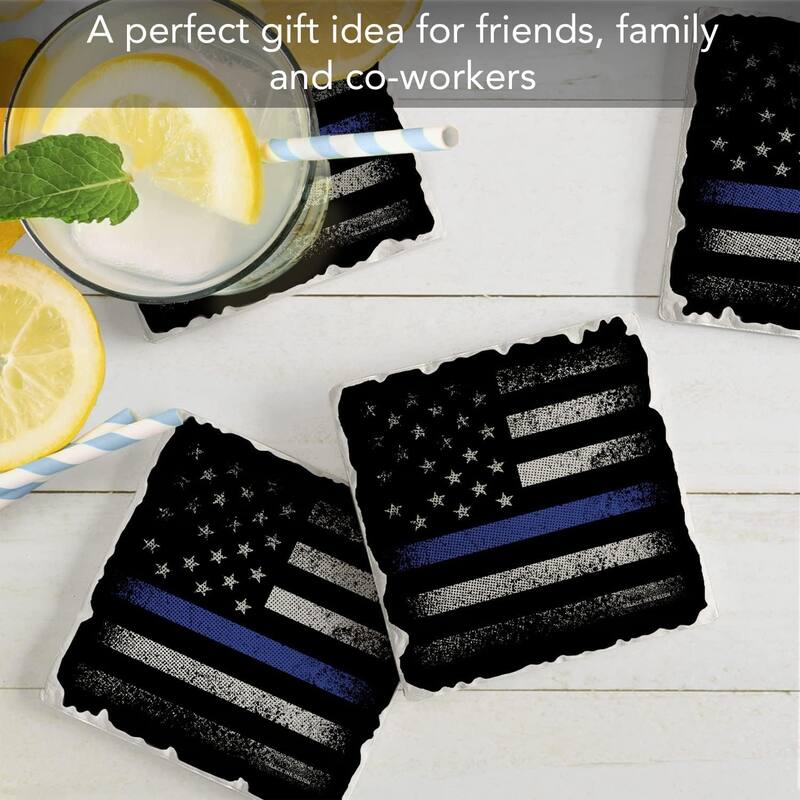 Blue Line Flag Single Image Absorbent Stone Tumbled Tile Coaster with Protective Cork Backing 4 Pack Manufactured in The USA