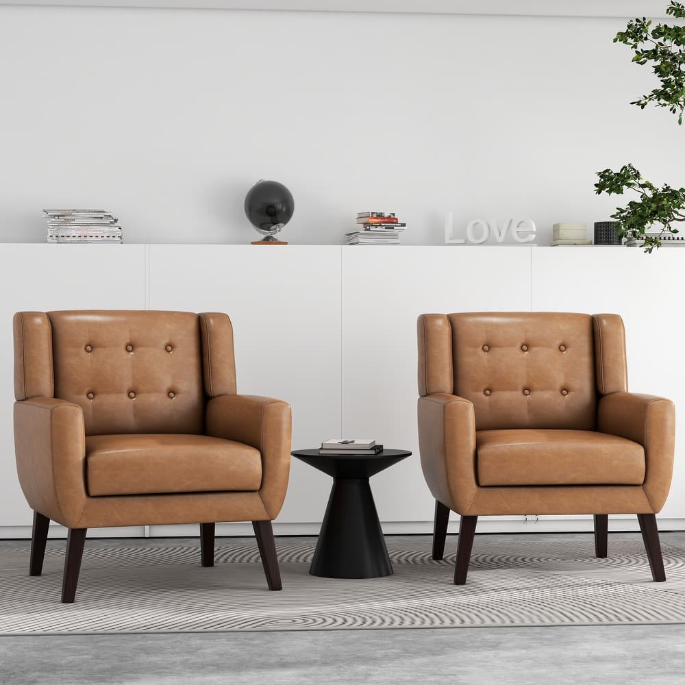 2 Set Modern Tufted Linen Upholstered Accent Chair Faux Leather Armchair