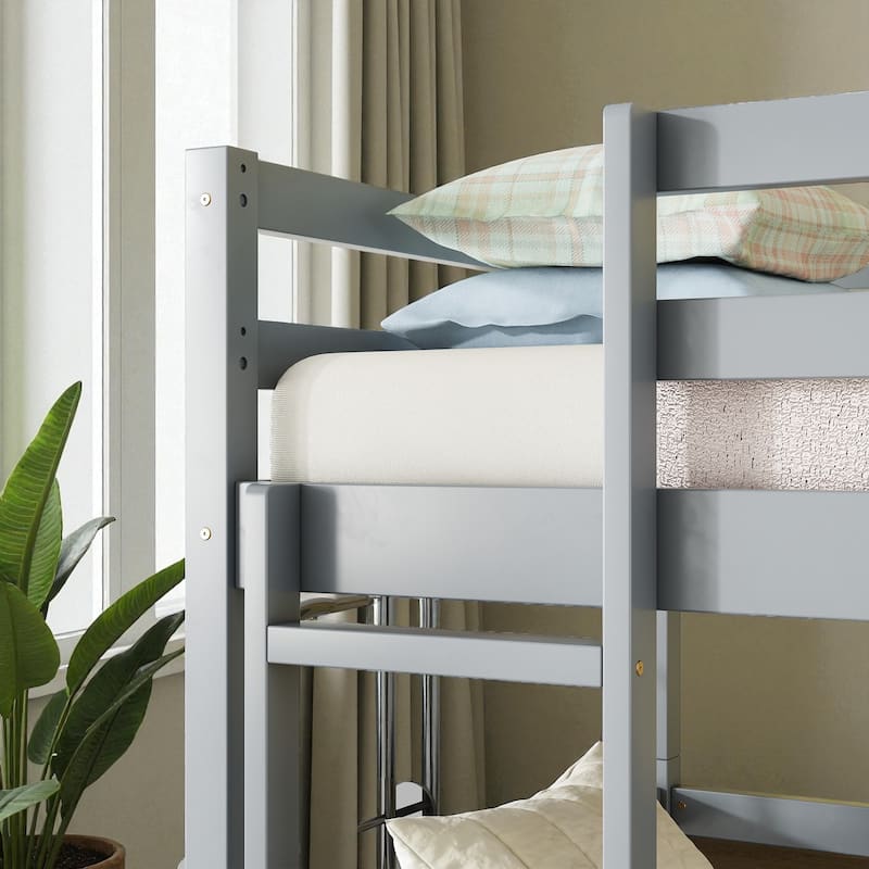 Twin Over Twin Over Twin Rubber Wood Triple Bunk Bed with Guardrails and Two Built-in Ladders, Detachable 3-Tier Bed Frame