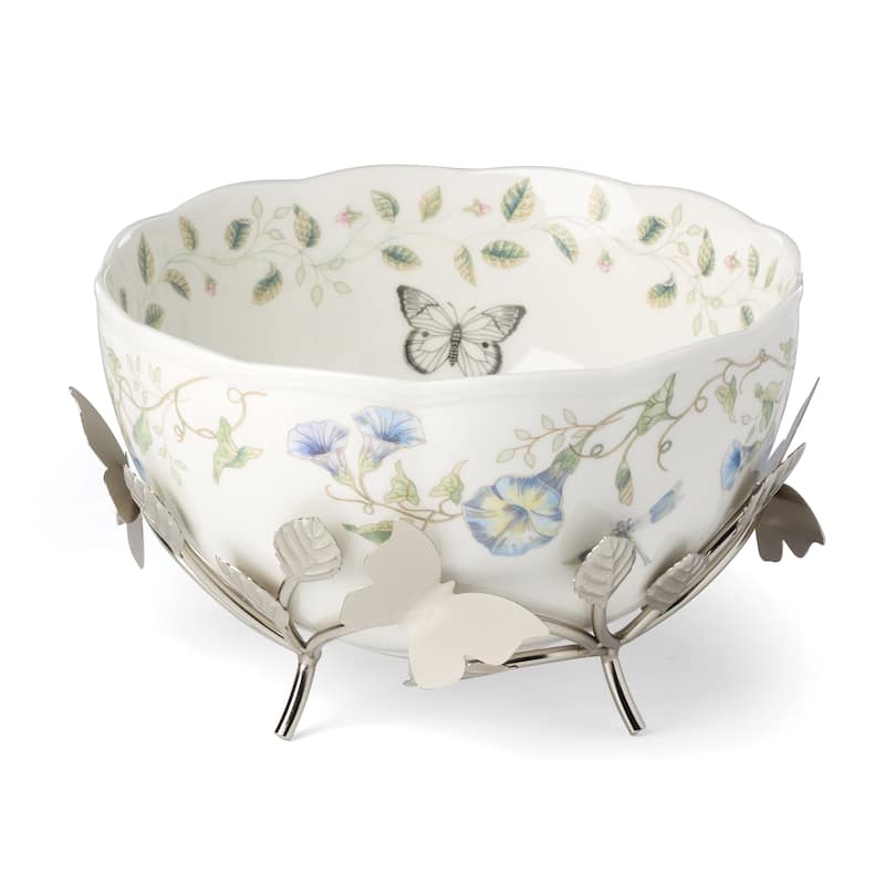Lenox Butterfly Meadow 25th Anniversary Bowl with Stand - White/Multicolor - Large Bowl 56oz. 5.375" x 9" Round
