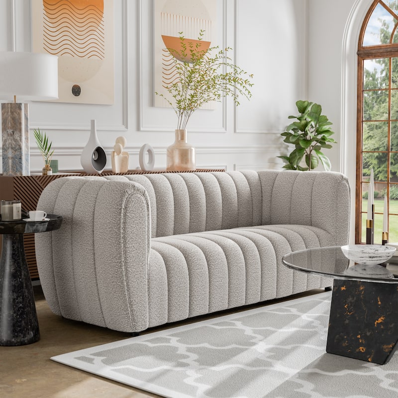 Furniture of America Lucinda Modern Vertical Channel Tufted Boucle Accent Sofa Couch with Wooden Legs - Off-White