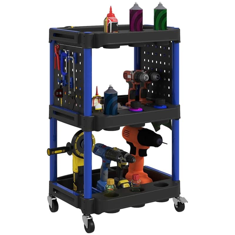 Three-Tier Mobile Rolling Tool Cart with Hooks and Storage Holes for Garage Workshop Organizer - 22.2" W x 18.7" D x 35" H