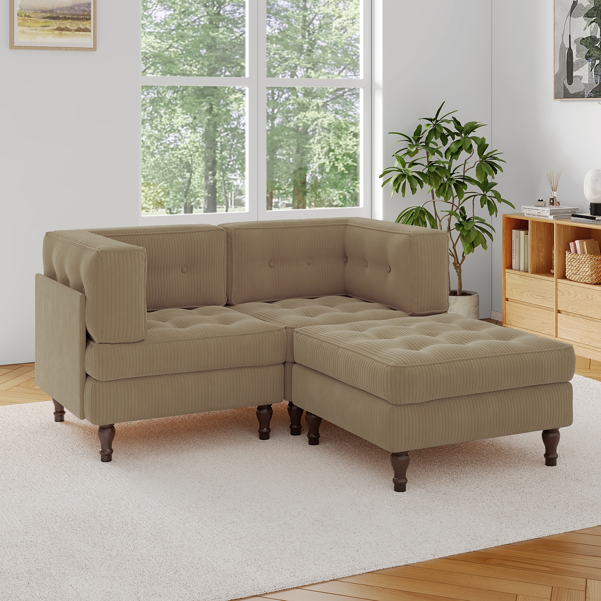 Corduroy Upholstered Modular Corner Sectional Sofa with Reversible Ottoman