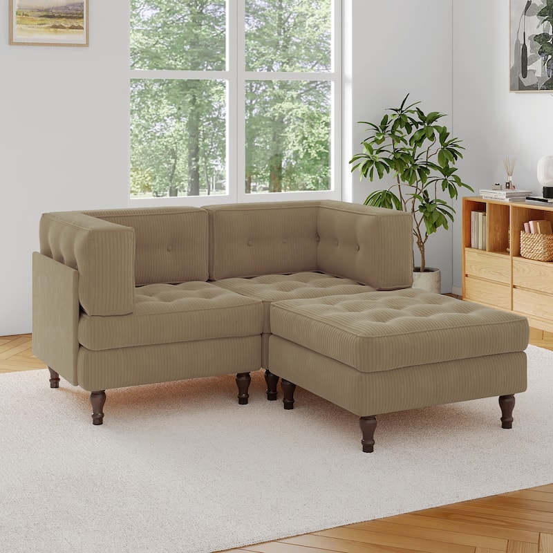 Corduroy Upholstered Modular Corner Sectional Sofa with Reversible Ottoman - Camel