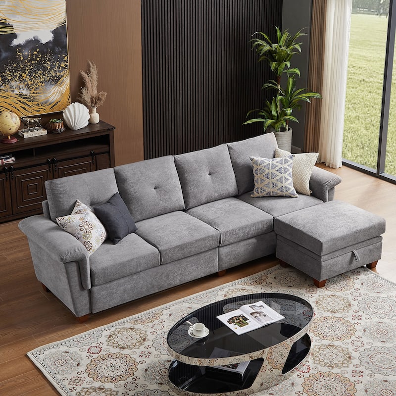 109" Modern 4 Seaters Towelling Sectional Sofa with Hidden Coffee Table Adjustable Headrest and Large Storage Space