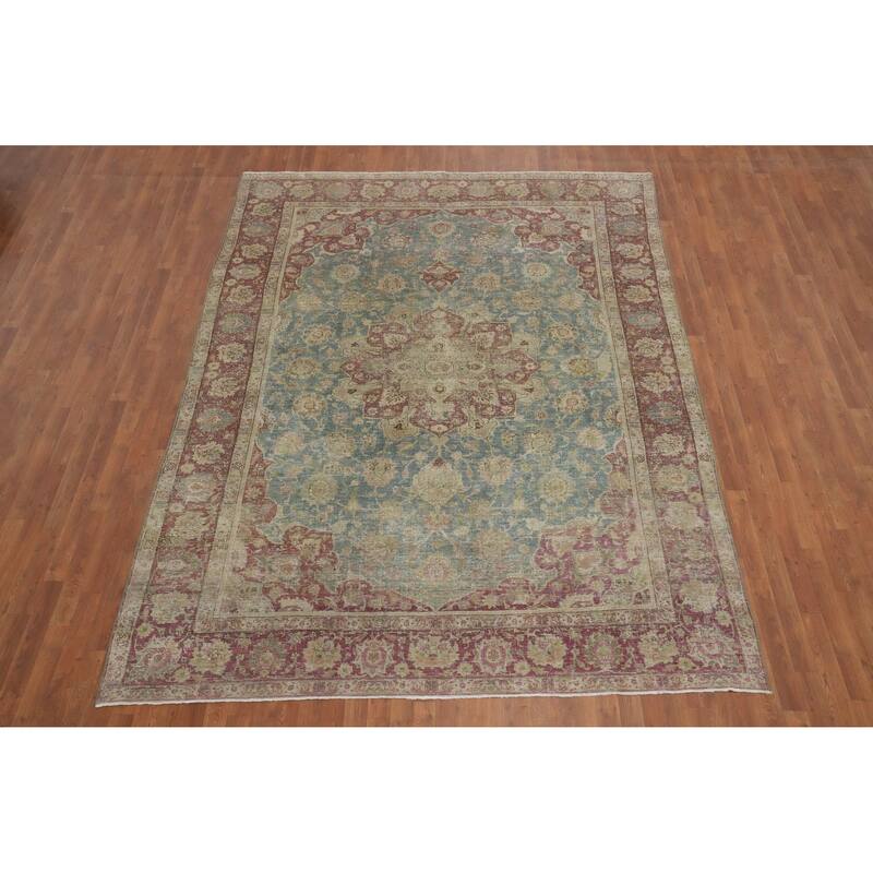Hand Knotted Oriental 100% Wool Carpet Traditional Floral Green Tabriz Area Rug - 11' 3'' X 8' 2''